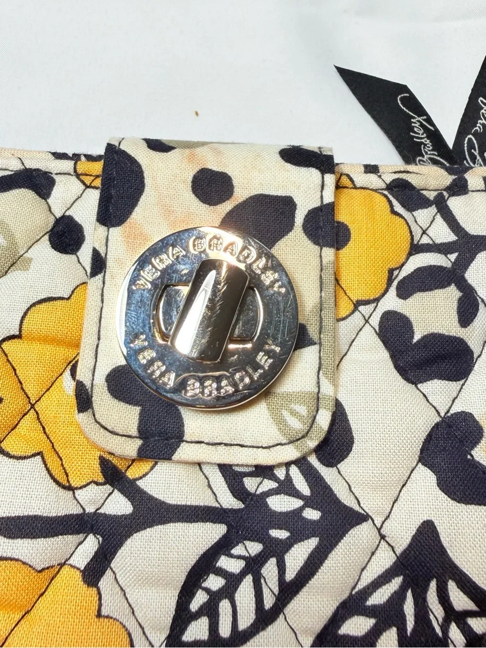 Vera Bradley Turnlock Wallet Floral Leopard Quilted Zip Accordion Yellow Black